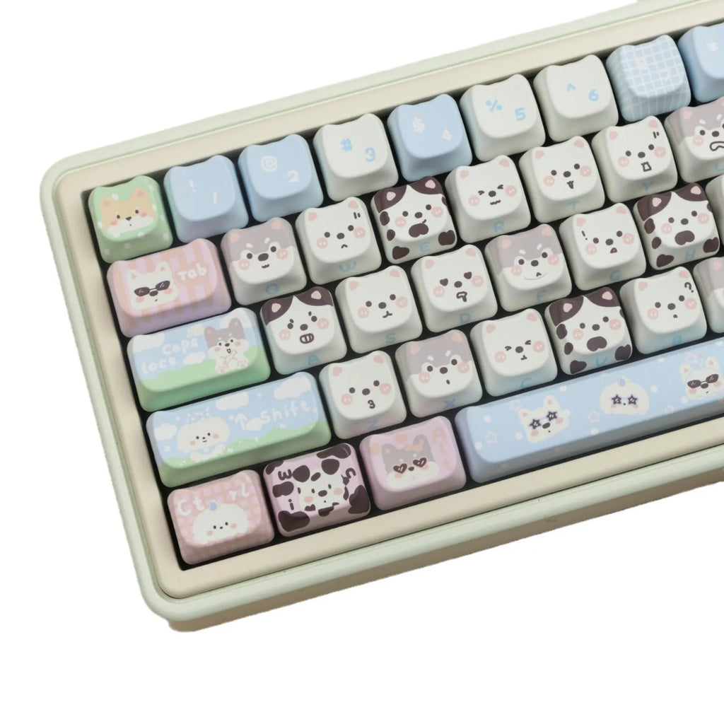 Complete PBT keycap set with cat and puppy illustrations for mechanical keyboards