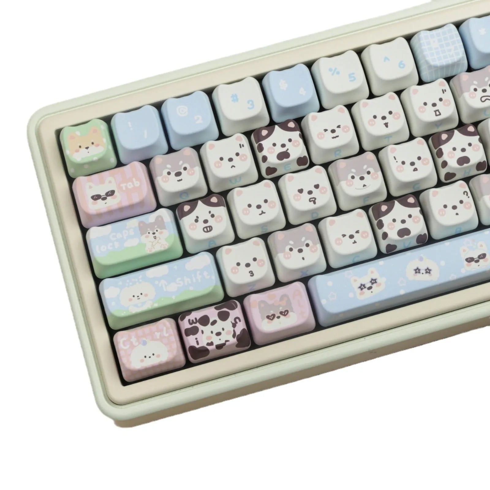 Complete PBT keycap set with cat and puppy illustrations for mechanical keyboards