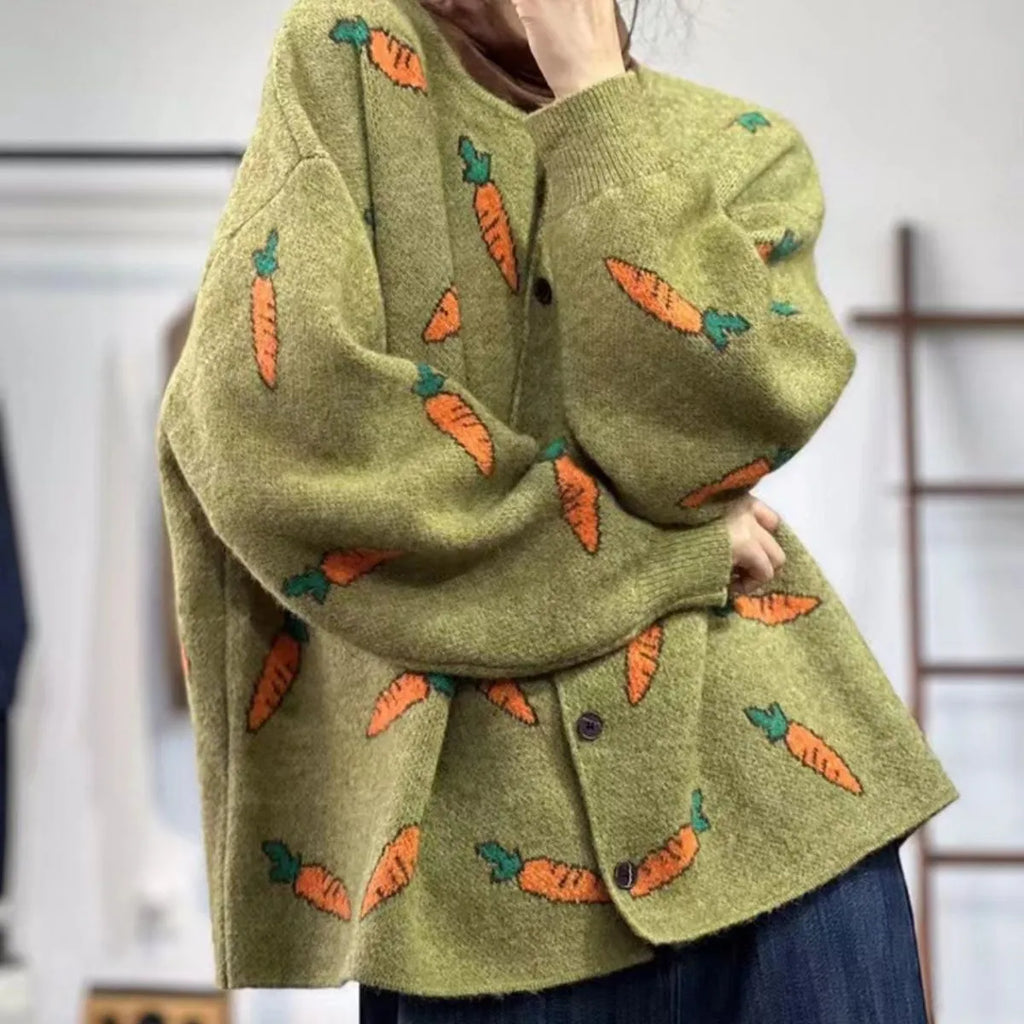 Round neck mori artistic printing cardigan sweater with colour contrast loose casual fit