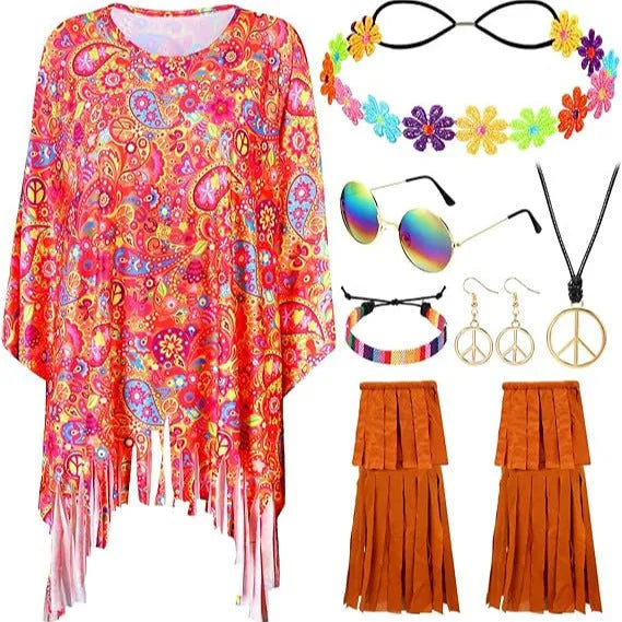 Tie dye cloak costume with bell sleeves in rainbow printed pattern spandex fabric