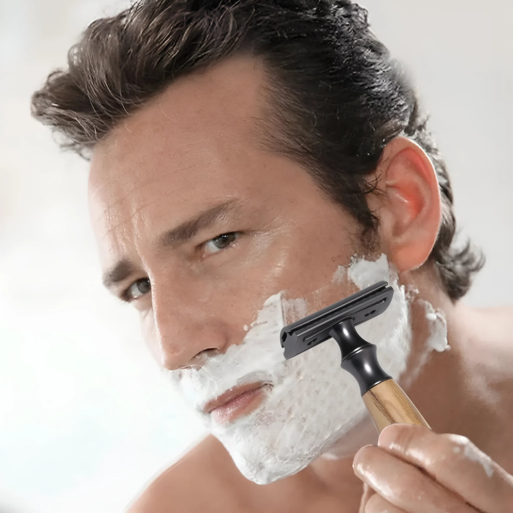 Men's copper manual safety razor with olive wood handle and metal shaving blades