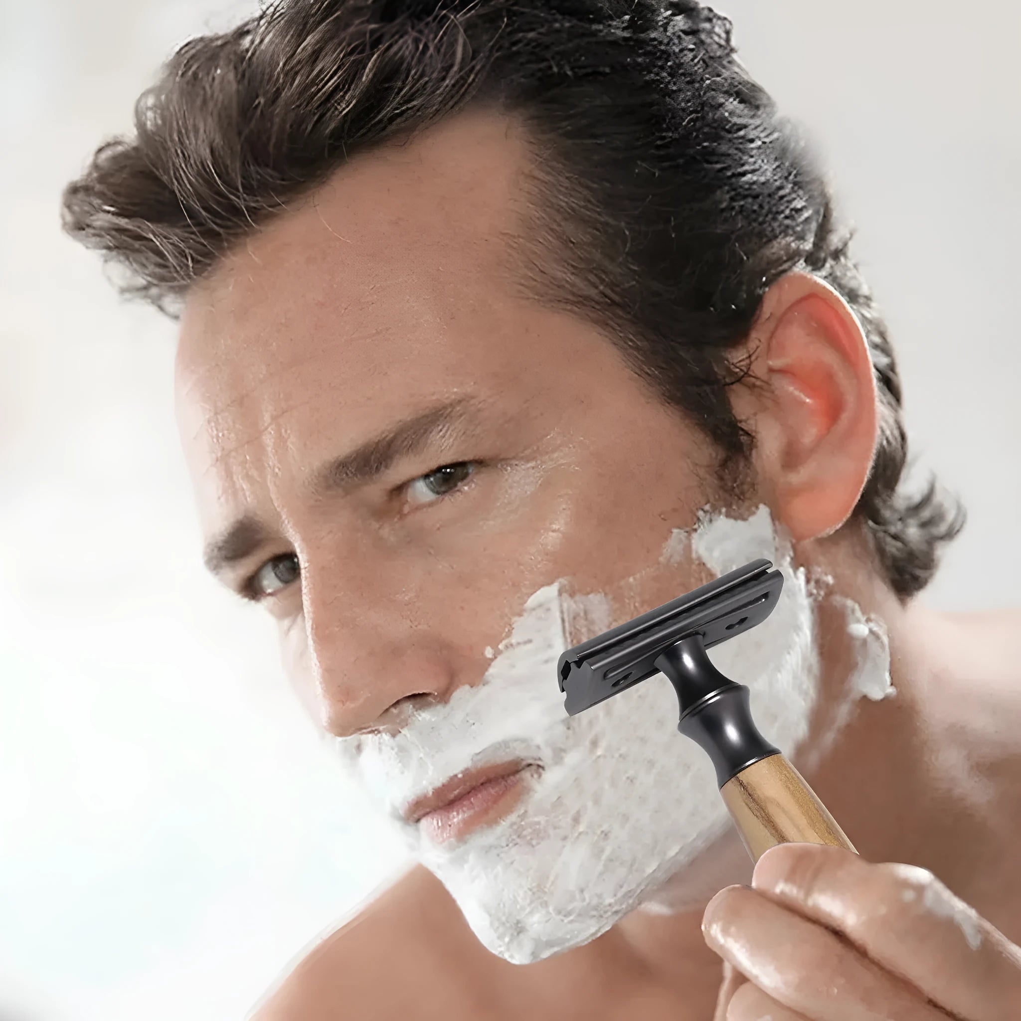 Men's copper manual safety razor with olive wood handle and metal shaving blades