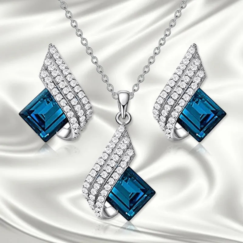 Ladies necklace and earring set with alloy pendant on cross chain, glass accents, electroplated finish