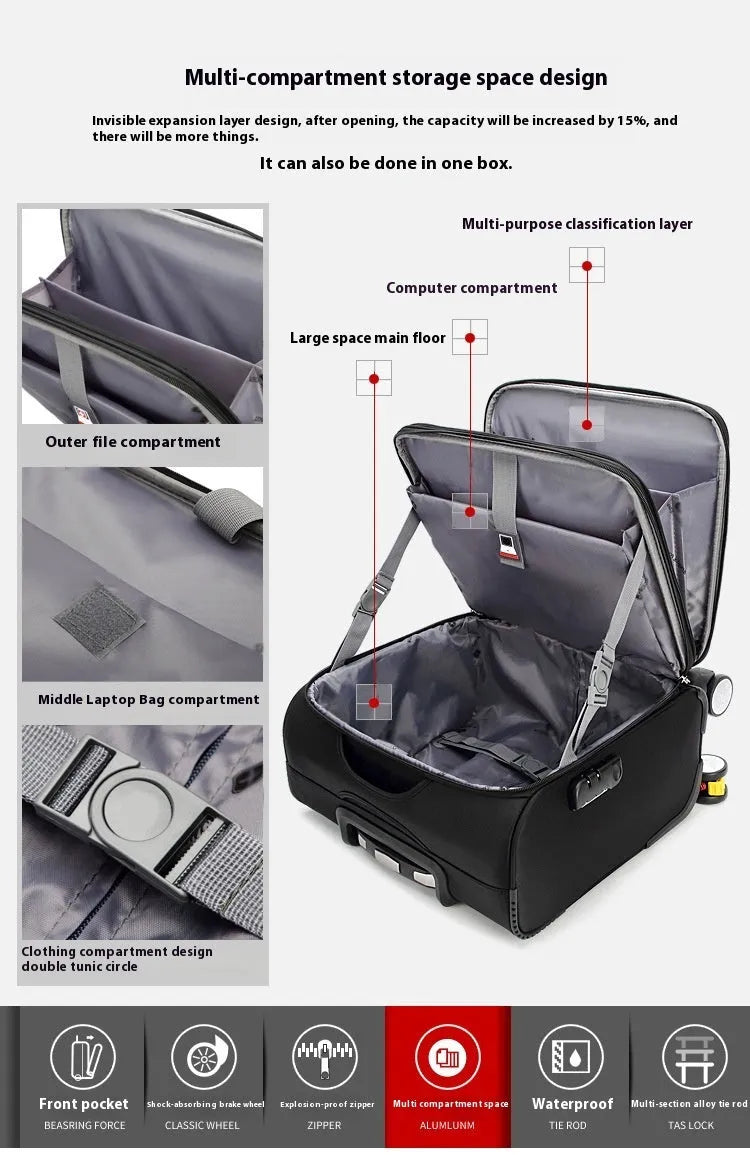 Black 18-inch Oxford cloth carry-on suitcase with retractable trolley handle and universal wheels.