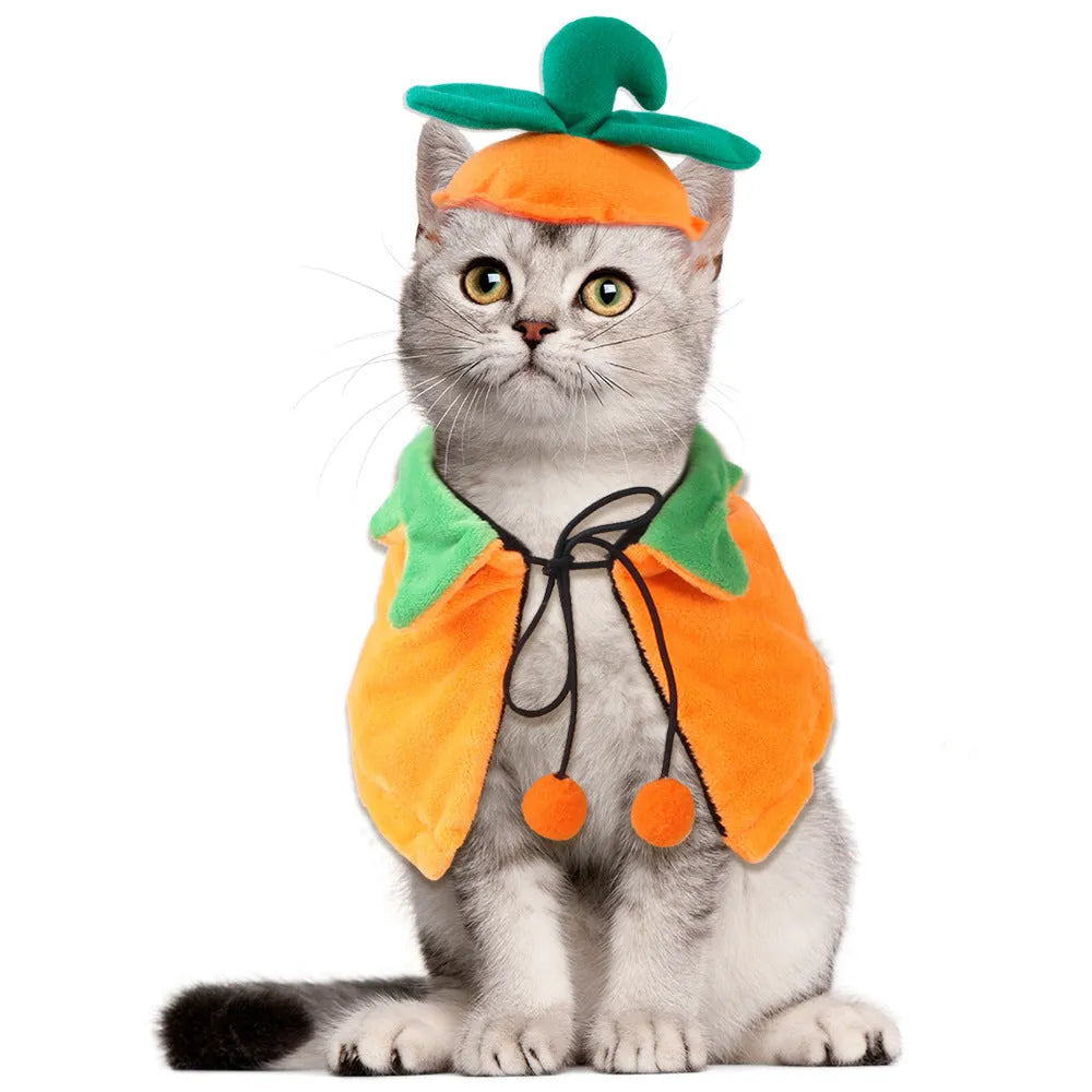 Orange plush Halloween cloak for dog with detachable hood, shown with size options