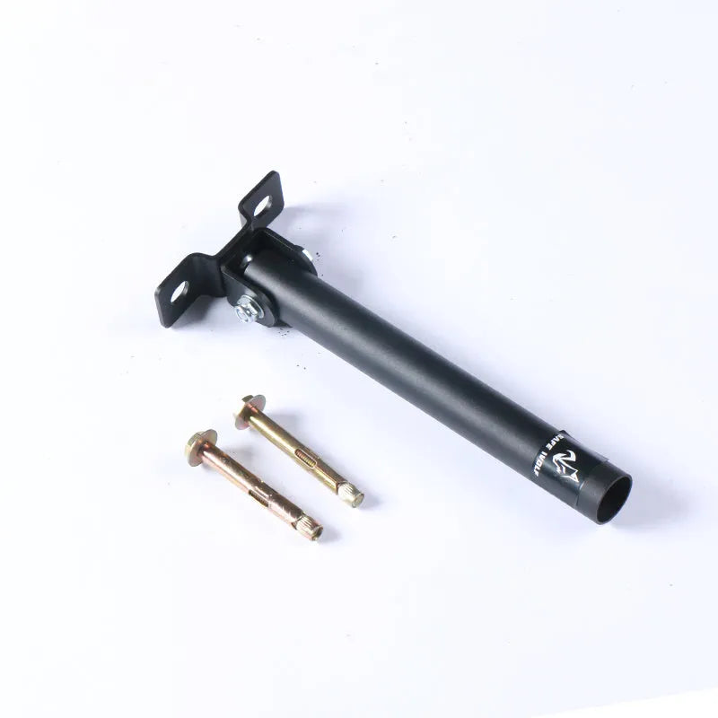 Steel wall-mounted rack with 25 vertical tubes for storing barbell rods and gym equipment.