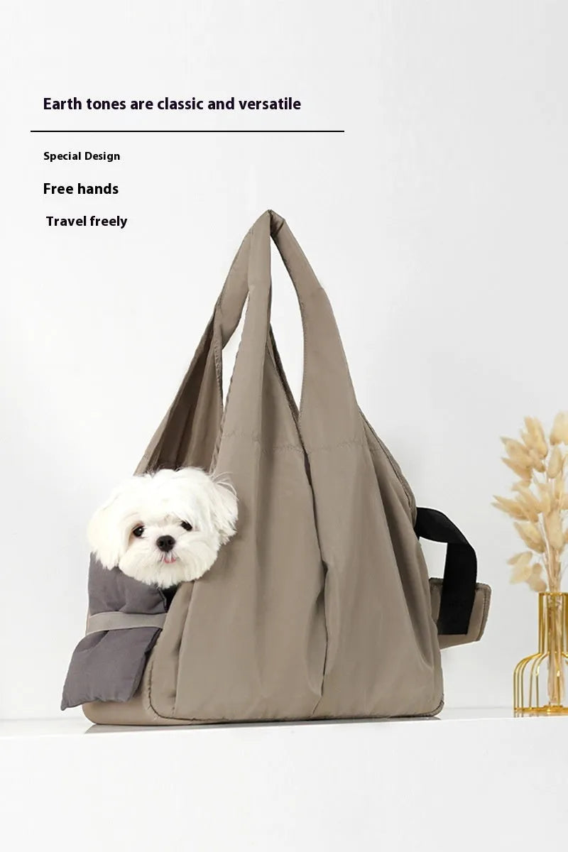 Apricot cloth pet handbag carrier with dimensions 41x16x28cm for small animal transport