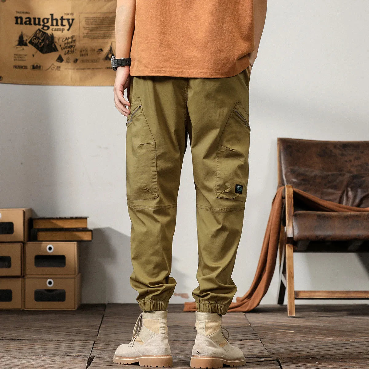 Men's loose cotton harem style trousers with tapered ankle banding in khaki colour