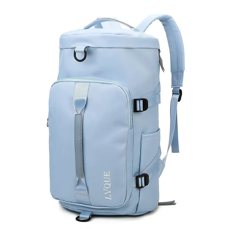 Waterproof nylon gym backpack with combination lock showing shoe compartment and multiple pockets