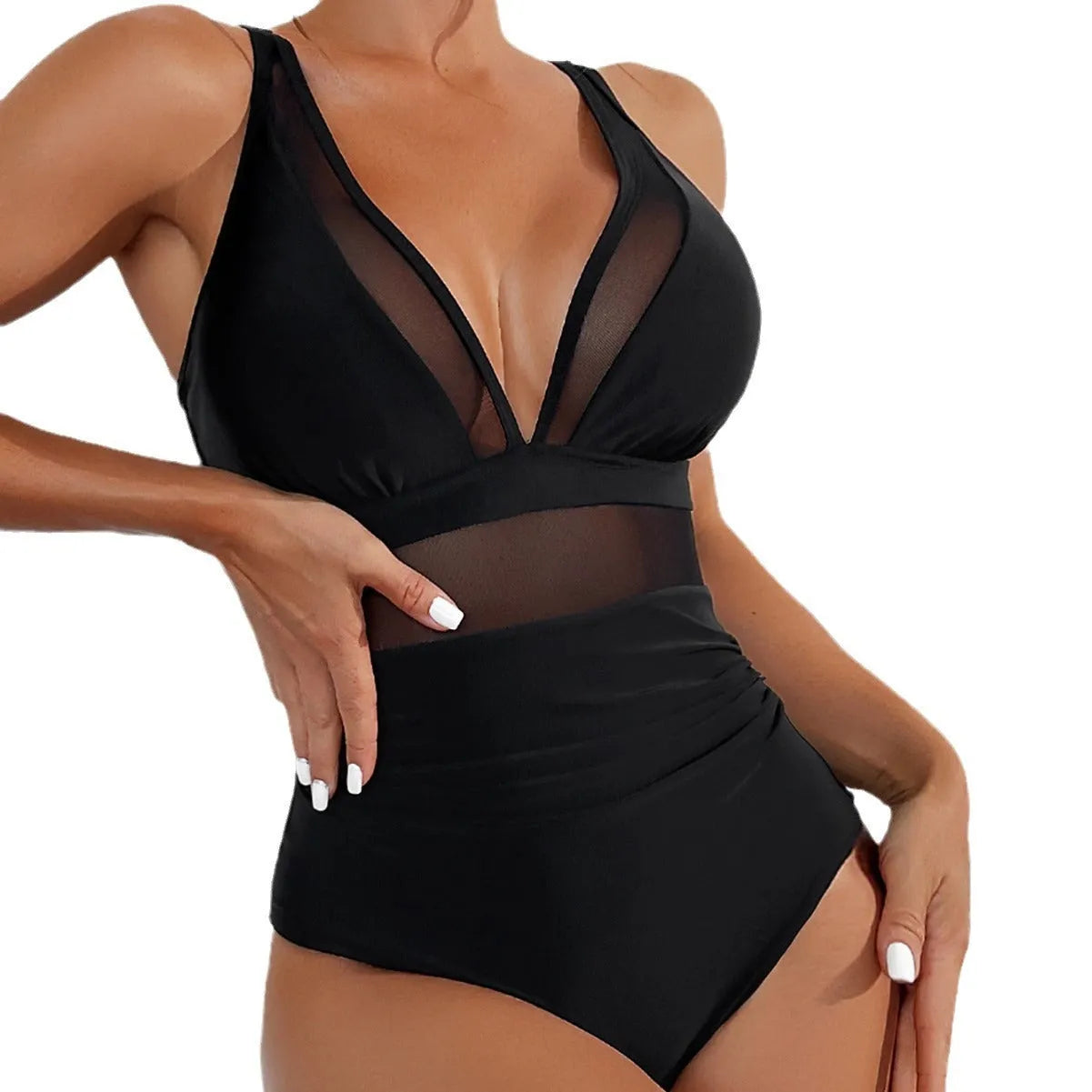 Black halter neck one-piece swimsuit with mesh detailing on adult female model