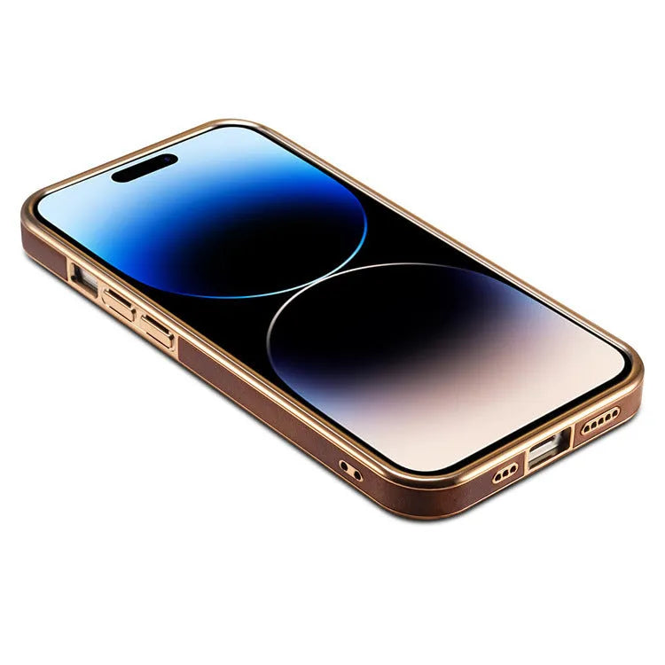 Handmade vintage leather iPhone case in black showing slim profile and precise port openings