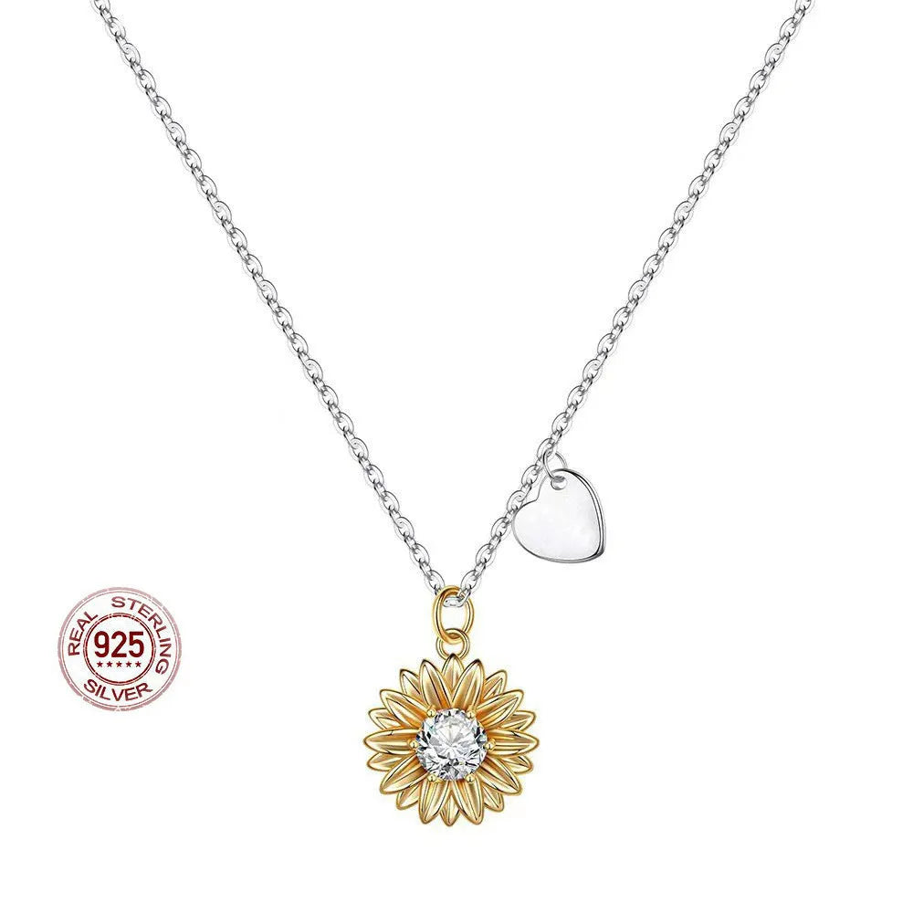 925 silver sunflower necklace with daisy petal pendant on adjustable cross chain, 21-50cm length
