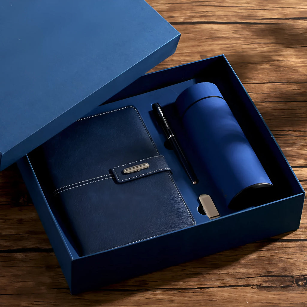 Custom A5 notebook with PU leather cover in selected colour, lying open on wood-free paper pages.