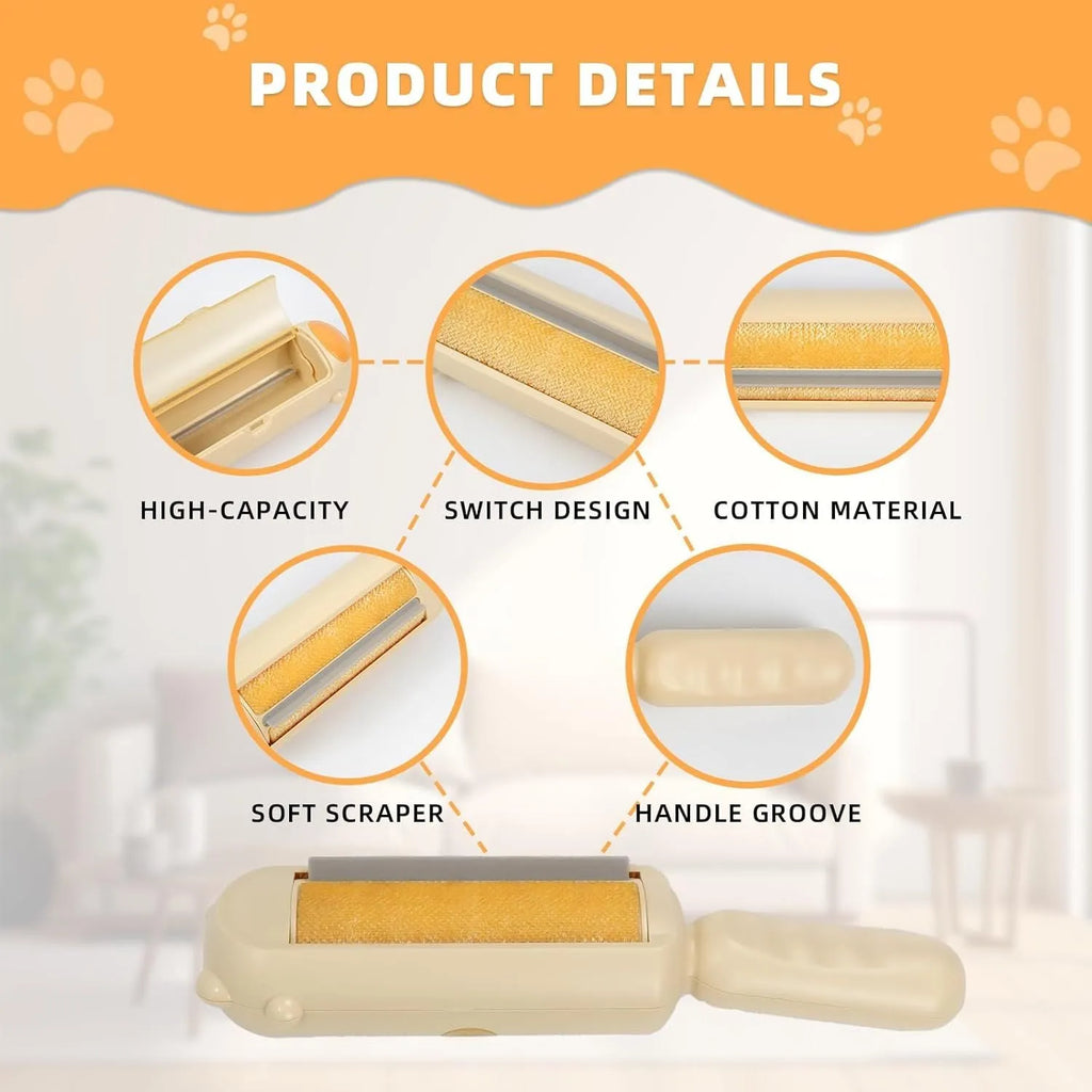 Blue pet hair remover roller with a self-cleaning base for furniture and cars.