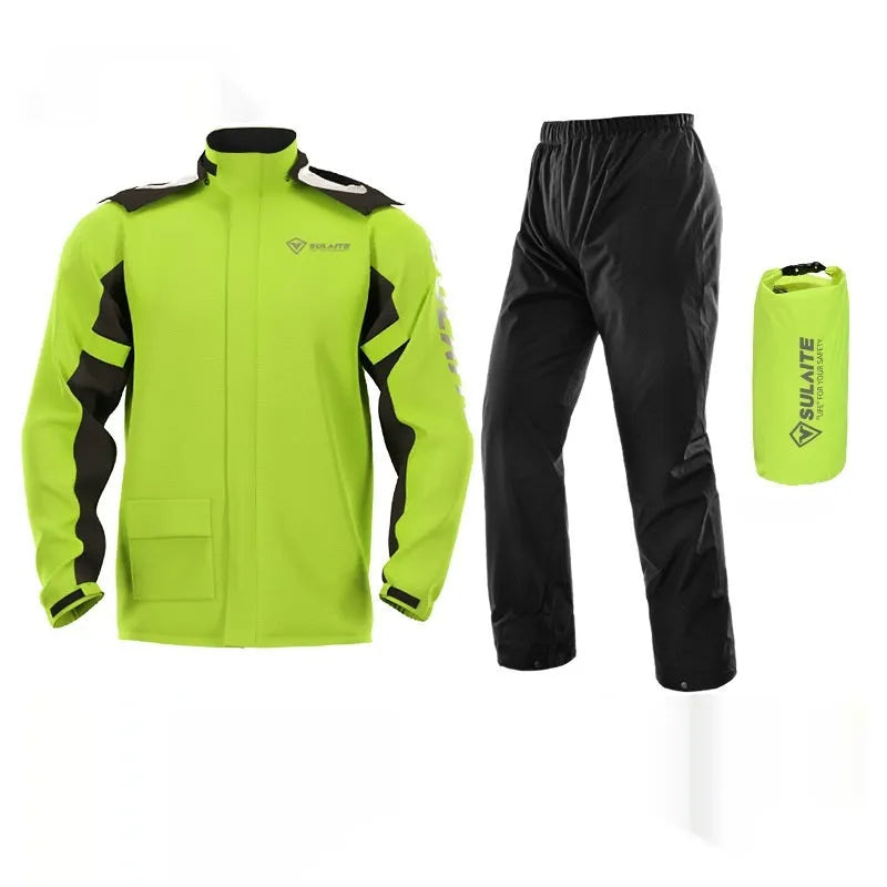 Motorcycle rain suit comprising a black split-style raincoat and rain pants with hidden shoe covers and storage bag.