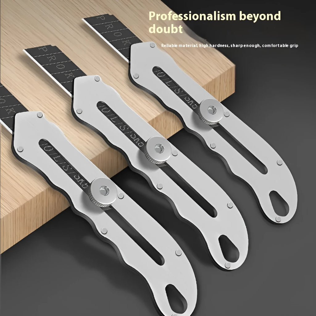 Stainless steel folding utility art knife with black blade and included long and trapezoidal blades