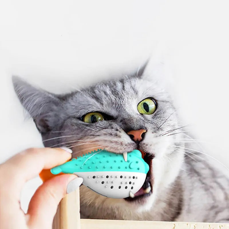 Blue silicone fish cat chew toy measuring 12.2cm for grabbing and teeth cleaning