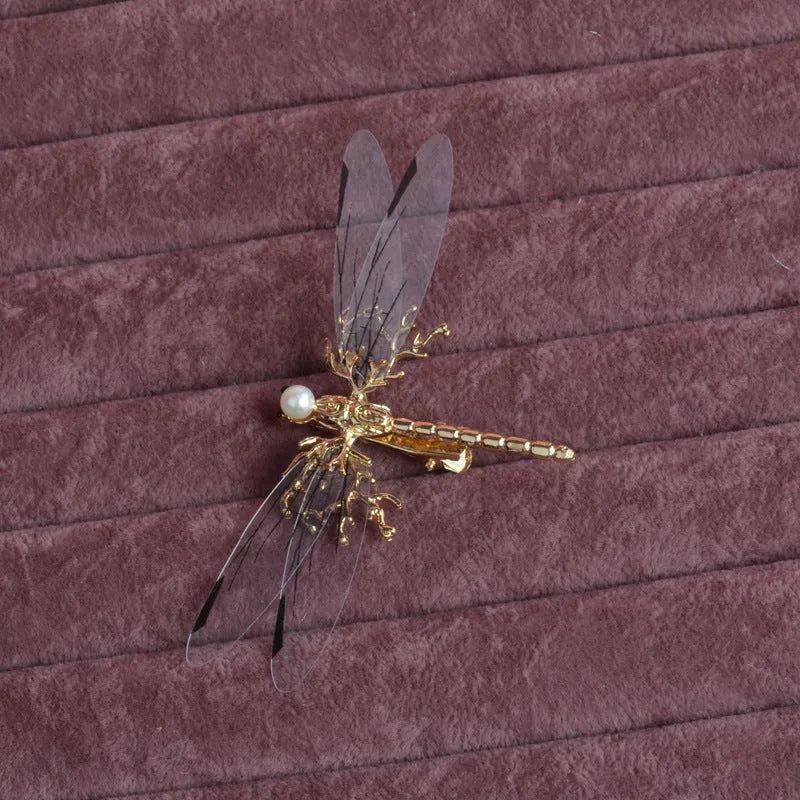 Golden dragonfly side clip headdress hair accessory with alloy construction and electroplated finish