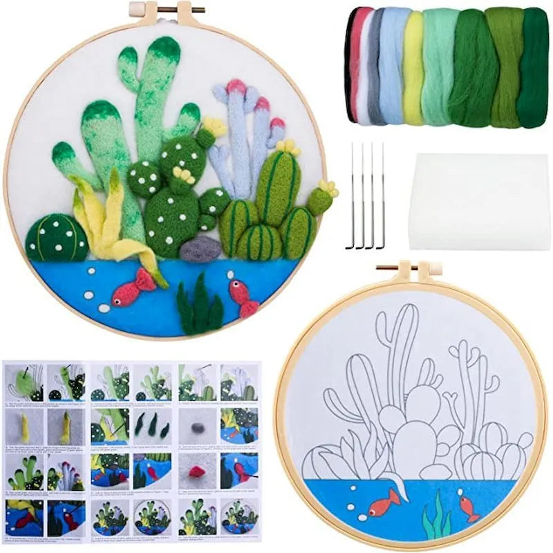 Round linen fabric embroidery kit with free hoop for making a 20x20 cm three-dimensional floral blanket painting.