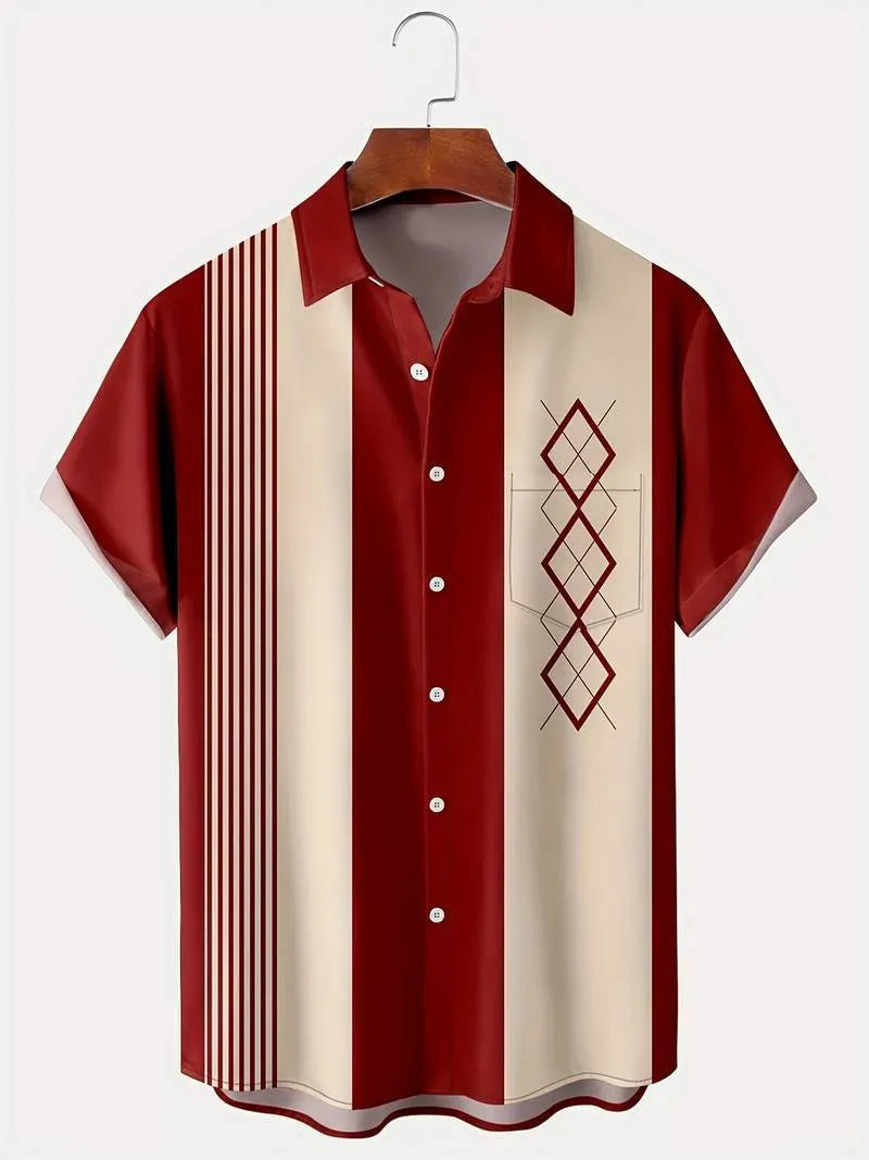 Man wearing a loose-fit plaid short-sleeved shirt with a lapel collar in a contrast colour pattern.