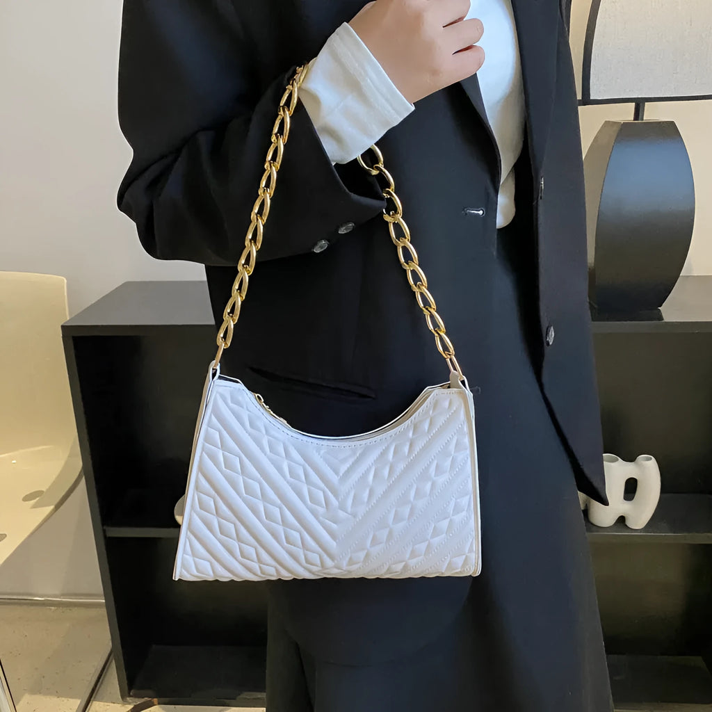 PU pleated chain baguette shoulder underarm bag in vertical square shape with adjustable strap