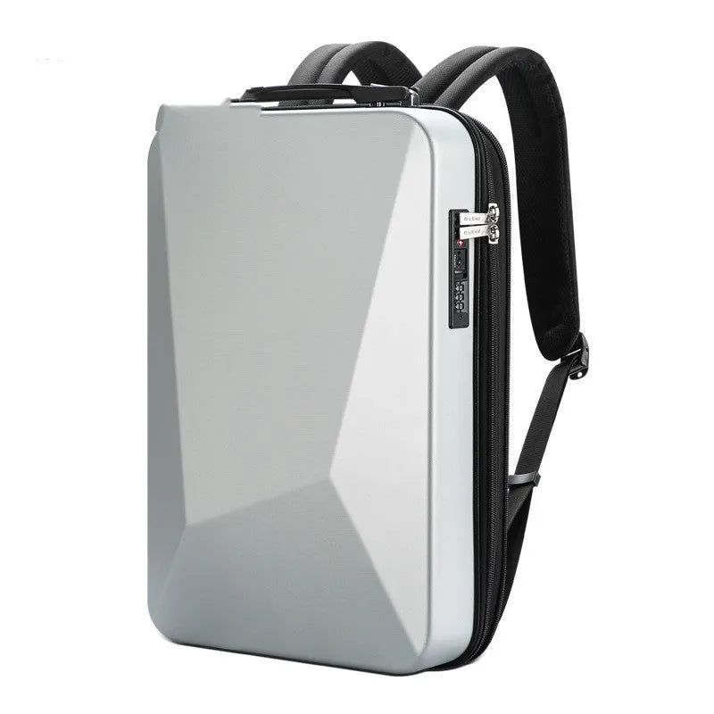 Hard shell gaming backpack in black or silver colour with multiple compartments and lock opening system