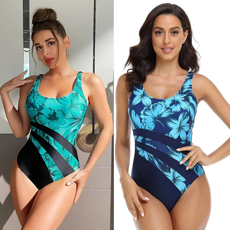 Women's conservative one-piece swimsuit in chemical fibre blend fabric with printed pattern