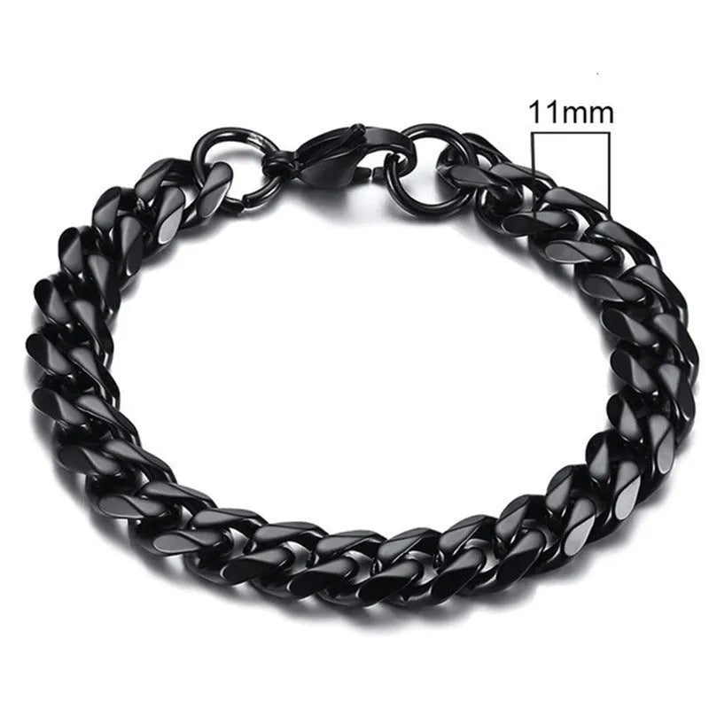 Six-sided geometric Cuban link metal bracelet in gold colour, shown in various widths.