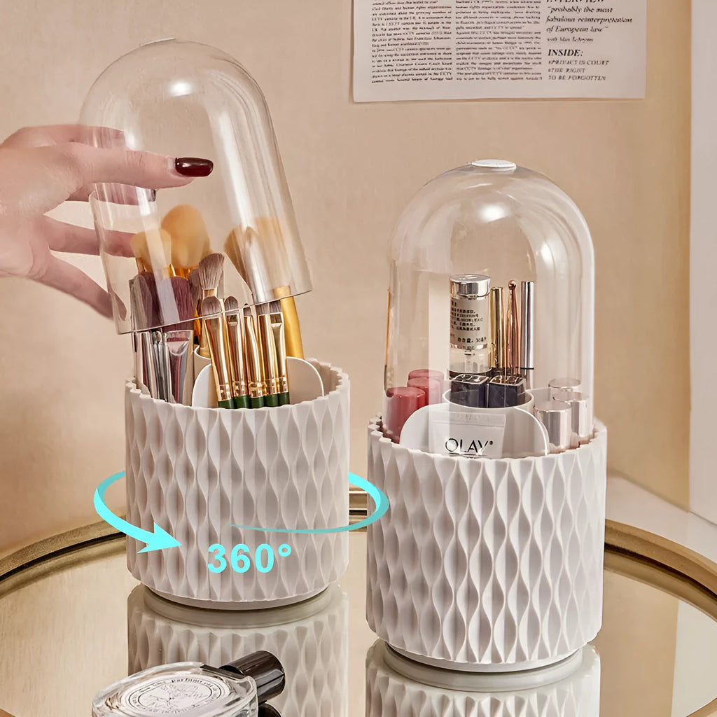White rotating acrylic makeup brush storage box with transparent lid and split compartments