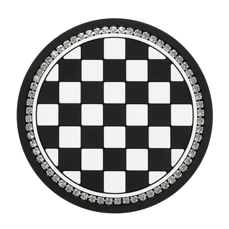 Black and white checkerboard PVC car cup holder insert mat for centre console