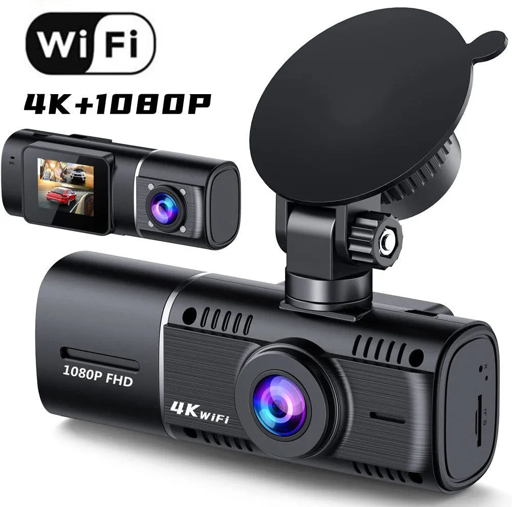 Black dash cam with 1.5-inch screen mounted on car windscreen showing dual camera recording.