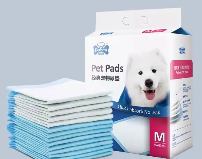 Pack of thickened dog urine pads showing size comparison between S, M, L and XL options