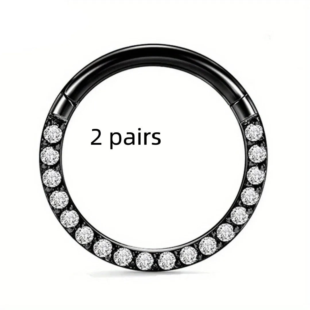 Stainless steel seamless nose ring with diamond detail showing multiple colour finishes and size options