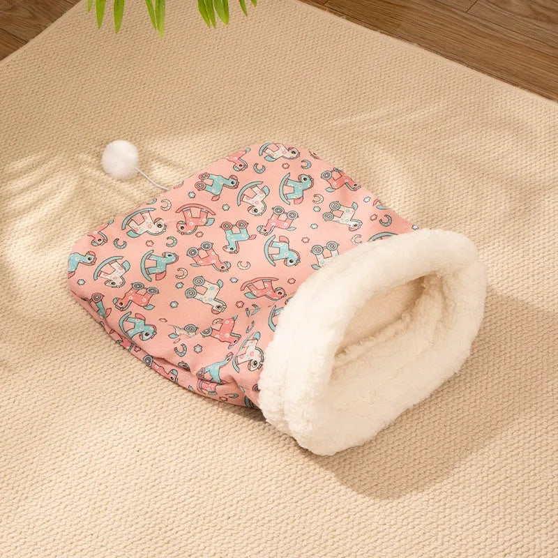 Blue rabbit pattern cat sleeping bag nest measuring 50x40cm with removable flannel bedding