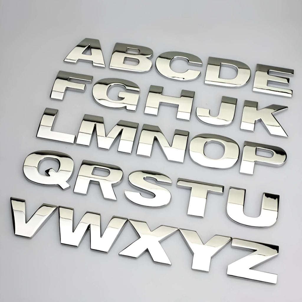 Zinc alloy 3D car bumper sticker showing raised metal letter design