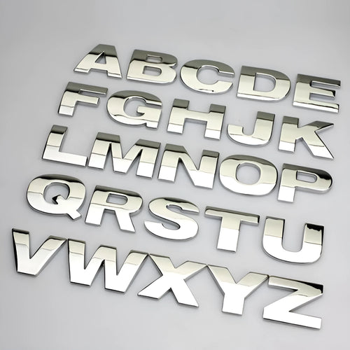 Zinc alloy 3D car bumper sticker showing raised metal letter design