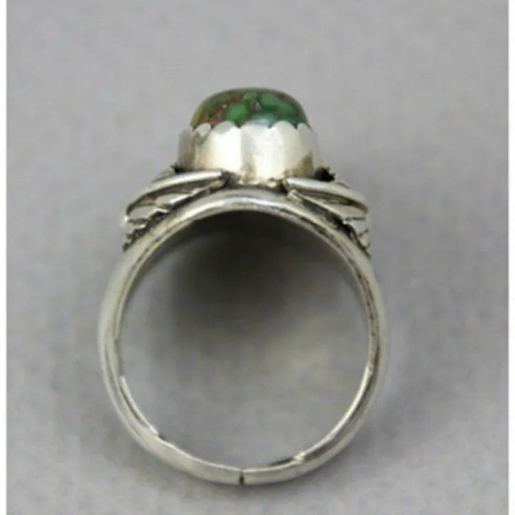 Geometric women's ring with turquoise retro inlay in electroplated alloy, showing side and top views