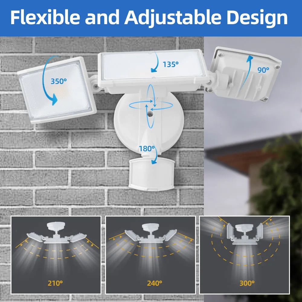 White LED security flood light with motion sensor showing wall mounting bracket and 120V input specifications