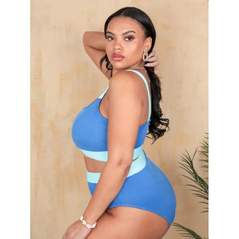 Women's high-waisted bikini set in a solid colour with split stitching detail, showing front view.