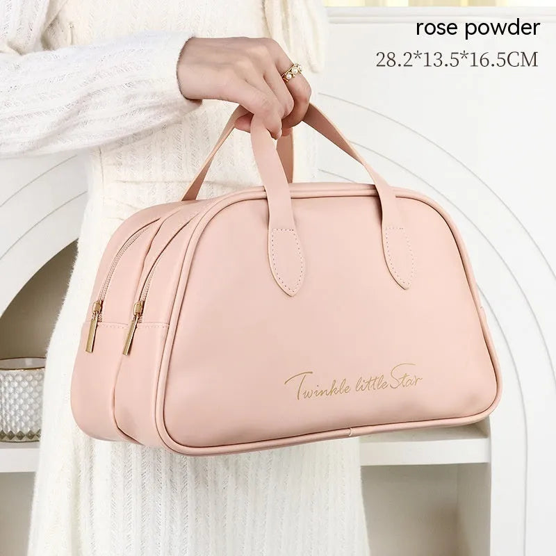 Large capacity caramel mocha PU leather toiletry bag with double layer waterproof design and wet dry separation for travel makeup storage