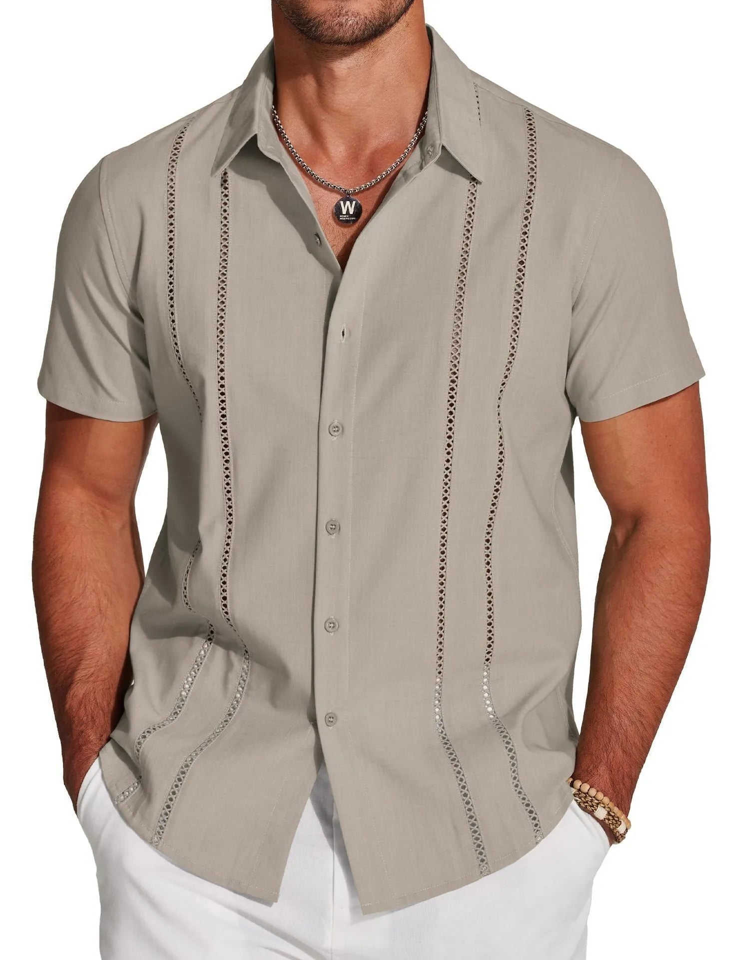 Men's slim fit Hawaiian short sleeve shirt with digital print pattern.