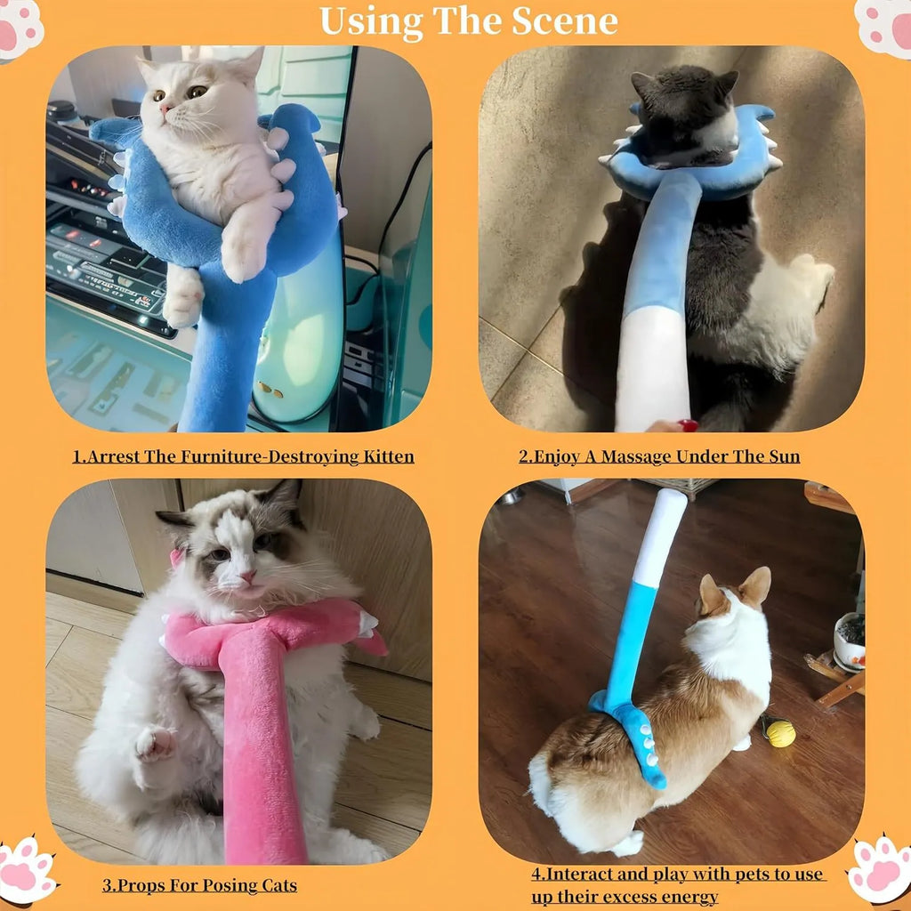 Blue and pink plush cat wand toy measuring 70cm length for interactive pet play