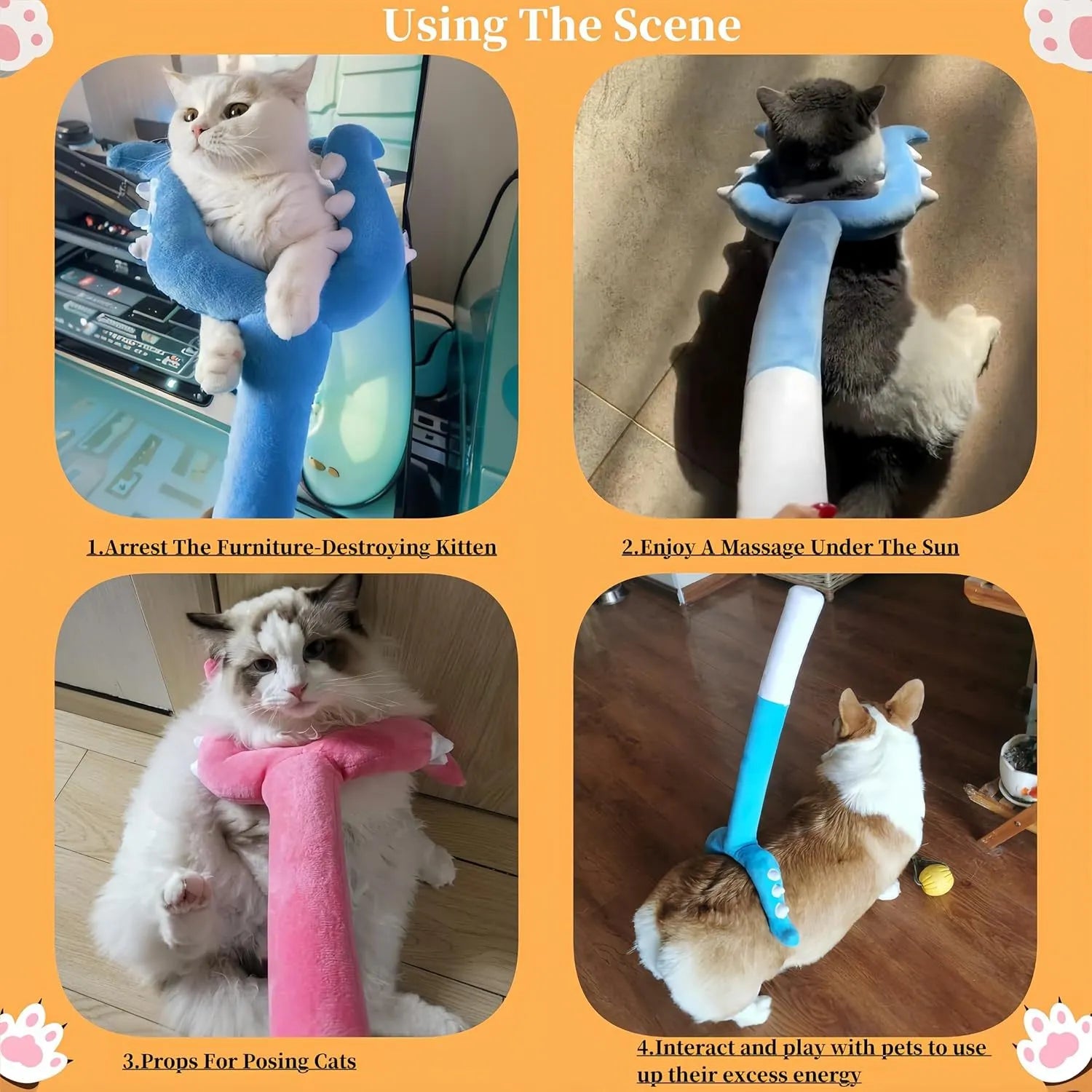 Blue and pink plush cat wand toy measuring 70cm length for interactive pet play