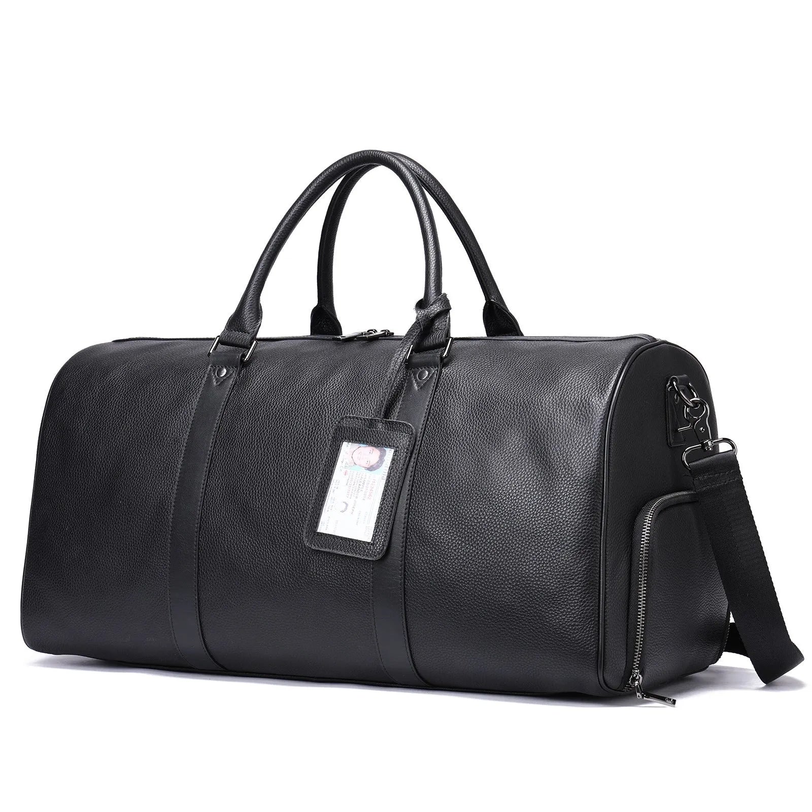 Men's black leather tote bag with single shoulder strap showing 20L capacity