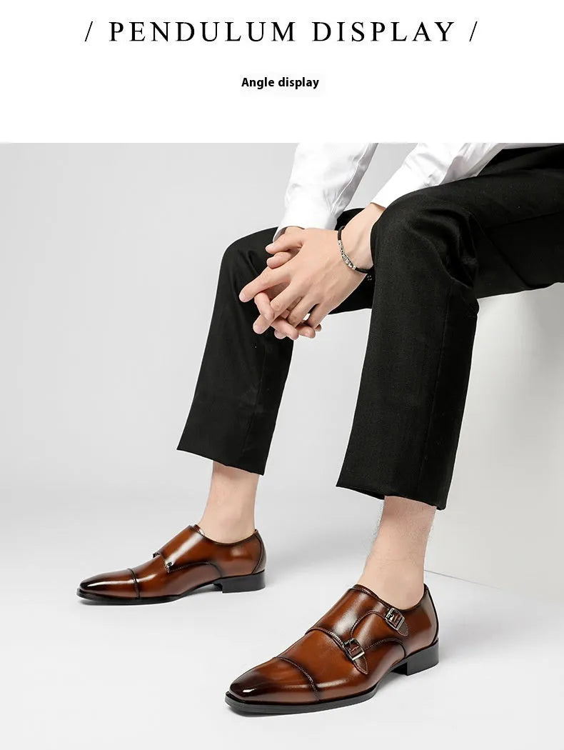Men's black leather business shoes with square toe and rubber sole in British gentleman style