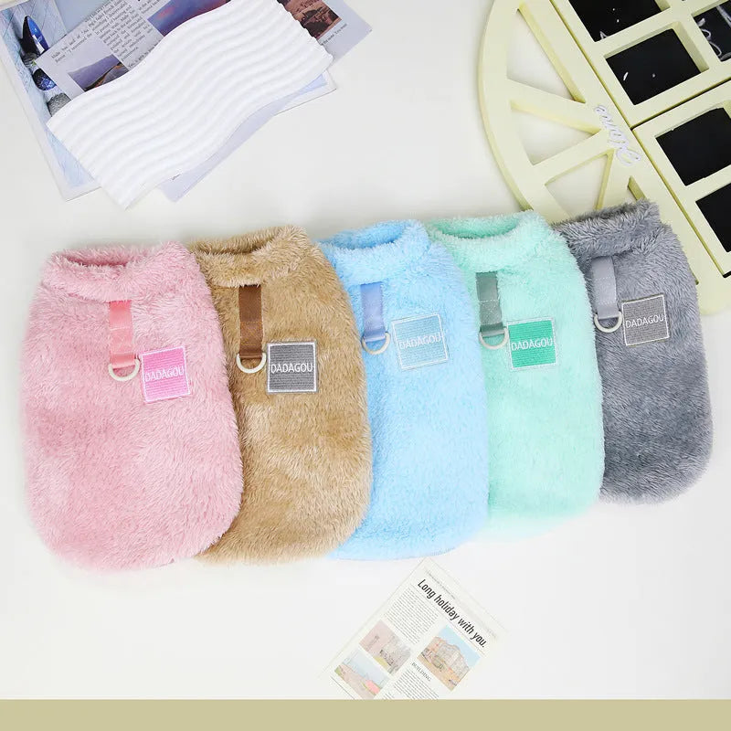 Coral fleece pet jacket with colourful pull rings closure in multiple colour options