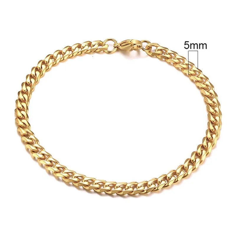Six-sided geometric Cuban link metal bracelet in gold colour, shown in various widths.