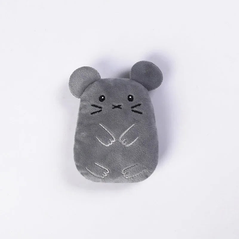 Small brown plush cat toy with a bite-shaped design for chewing and interactive play.