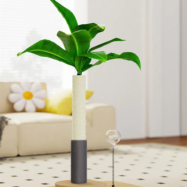 Vertical wooden cat scratching post in canna colour with a grab column top featuring a food drop ball.