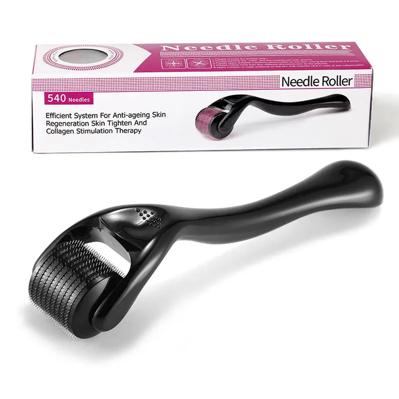 Black and purple derma rollers with titanium microneedles showing sizes from 0.20mm to 1.0mm